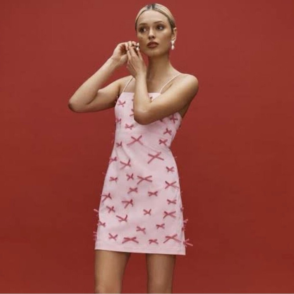 Maeve Anthropologie The Brynne 3D Bows Pink Spaghetti Strap Dress size 2